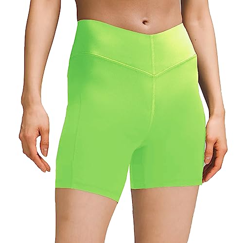 sissycos Damen Sportshorts mit Taschen V Cross, Leggings Kurz für Fitness Gym Strumpfshort, Elastische Radlerhose Sweatpants 10cm(Lime Grün,L) von sissycos