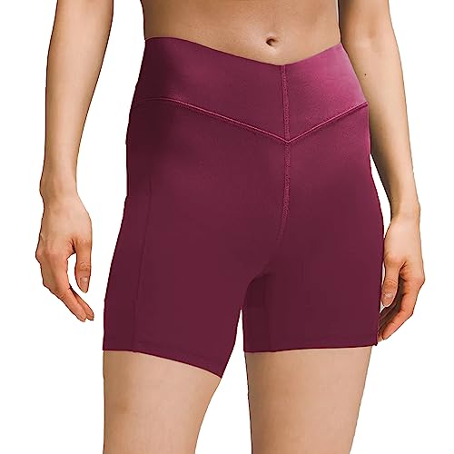 sissycos Damen Sportshorts mit Taschen V Cross, Leggings Kurz für Fitness Gym Strumpfshort, Elastische Radlerhose Sweatpants 10cm(Magenta,L) von sissycos