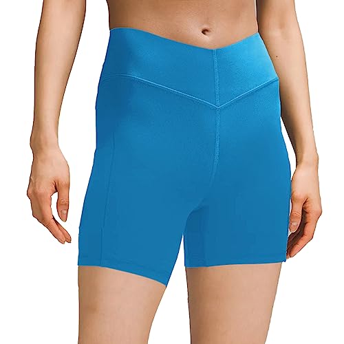 sissycos Damen Sportshorts mit Taschen V Cross, Leggings Kurz für Fitness Gym Strumpfshort, Elastische Radlerhose Sweatpants 10cm(Poolside Blau,L) von sissycos