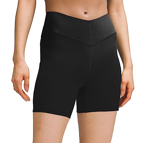 sissycos Damen Sportshorts mit Taschen V Cross, Leggings Kurz für Fitness Gym Strumpfshort, Elastische Radlerhose Sweatpants 10cm(Schwarz,L) von sissycos