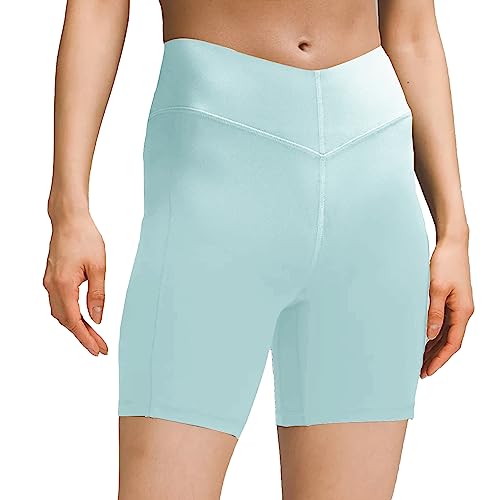 sissycos Damen Sportshorts mit Taschen V Cross, Leggings Kurz für Fitness Gym Strumpfshort, Elastische Radlerhose Sweatpants 15cm(Kreide Blau,L) von sissycos