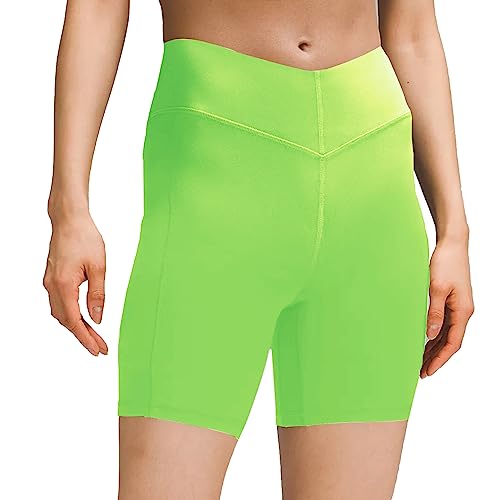 sissycos Damen Sportshorts mit Taschen V Cross, Leggings Kurz für Fitness Gym Strumpfshort, Elastische Radlerhose Sweatpants 15cm(Lime Grün,L) von sissycos