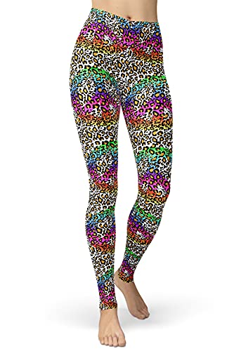 sissycos Damen Tier Muster Leggings, Leoporden Bunte Leggins Sexy, Oil Painting Sanft Hohe Taille Strumpfhose Lang (S-L, Neon Leopard Print) von sissycos