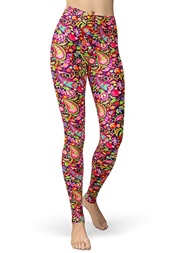 sissycos Damen Tier Muster Leggings, Leoporden Bunte Leggins Sexy, Oil Painting Sanft Hohe Taille Strumpfhose Lang (S-L, Orange Hippie-Druck) von sissycos