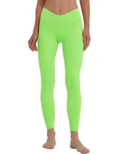 sissycos Damen V-Taille Leggings High Waist mit Taschen 71CM，Blickdicht Freizeit Yogahose Lang für Laufen Fitness Sport Yoga Gym(Lime Grün,L) von sissycos