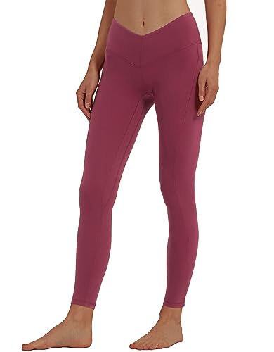 sissycos Damen V-Taille Leggings High Waist mit Taschen 71CM，Blickdicht Freizeit Yogahose Lang für Laufen Fitness Sport Yoga Gym(Magenta,L) von sissycos