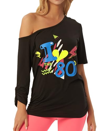 sissycos Frauen 80er Jahre aus der Schulter Tops Neon Splash Lippen gedruckt Kurzarm T Shirts Bluse Casual Tunika Kostüme（80s ILT,S von sissycos