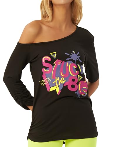 sissycos Frauen 80er Jahre aus der Schulter Tops Neon Splash Lippen gedruckt Kurzarm T Shirts Bluse Casual Tunika Kostüme(80s SIT,M) von sissycos