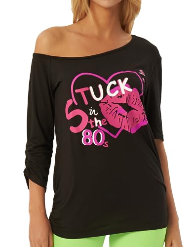 sissycos Frauen 80er Jahre aus der Schulter Tops Neon Splash Lippen gedruckt Kurzarm T Shirts Bluse Casual Tunika Kostüme (80s SIT-Lippe,S) von sissycos