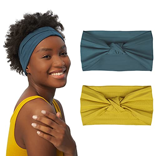 sissycos The Essential Stirnband 2 Stück Damen Elastische Haarband Breit Kopfband für Alltag Yoga Sport Fitness(Ingwer + Preußischblau) von sissycos