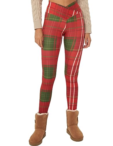 sissycos Weihnachten Crossover Leggings für Damen, 3D Druck Bunte Leggings Comic Damen Yoga Fitness Hosen Damen Drucken Sporthose, Leggings für Party（Rot kariert,L） von sissycos