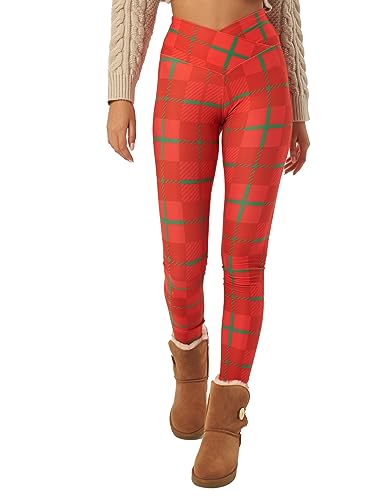 sissycos Weihnachten Crossover Leggings für Damen, 3D Druck Bunte Leggings Comic Damen Yoga Fitness Hosen Damen Drucken Sporthose, Leggings für Party（Weihnachten Kariert Rot,L） von sissycos