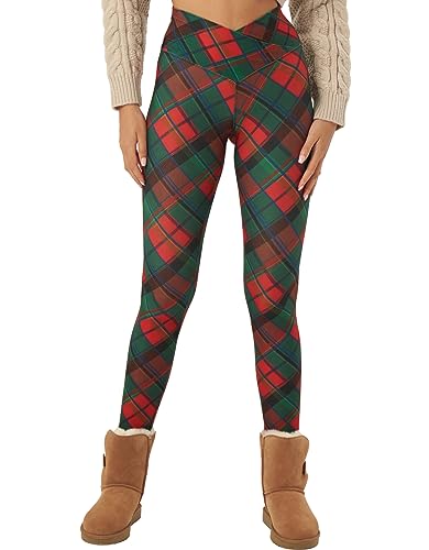 sissycos Weihnachten Crossover Leggings für Damen, 3D Druck Bunte Leggings Comic Damen Yoga Fitness Hosen Damen Drucken Sporthose, Leggings für Party（Weihnachten Tartan Plaid,L） von sissycos