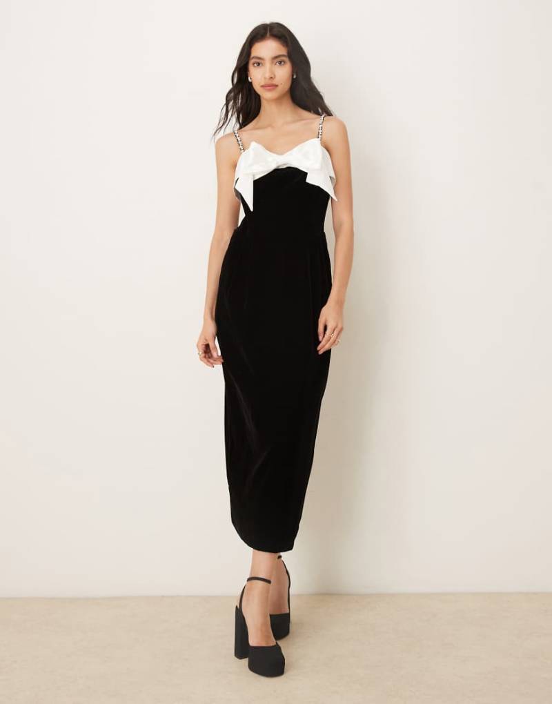 Sister Jane - Kelly - Samt-Midikleid in Schwarz mit weißer Schleife und verzierten Trägern von sister jane