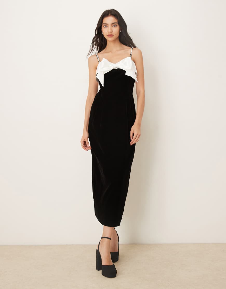 Sister Jane - Kelly - Samt-Midikleid in Schwarz mit weißer Schleife und verzierten Trägern von sister jane