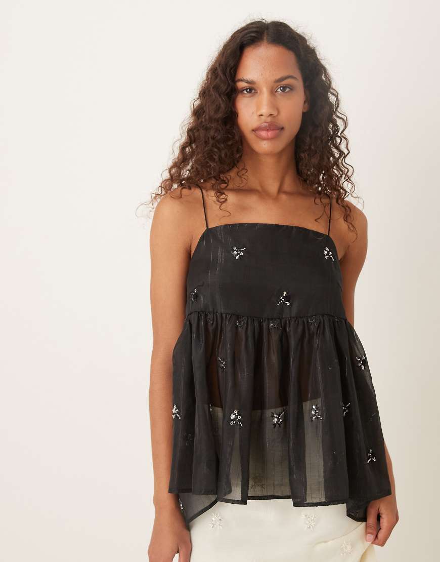 Sister Jane - Lola - Halbtransparentes Babydoll-Camisole in Schwarz mit Schleifendetail am Rücken, Kombiteil von sister jane