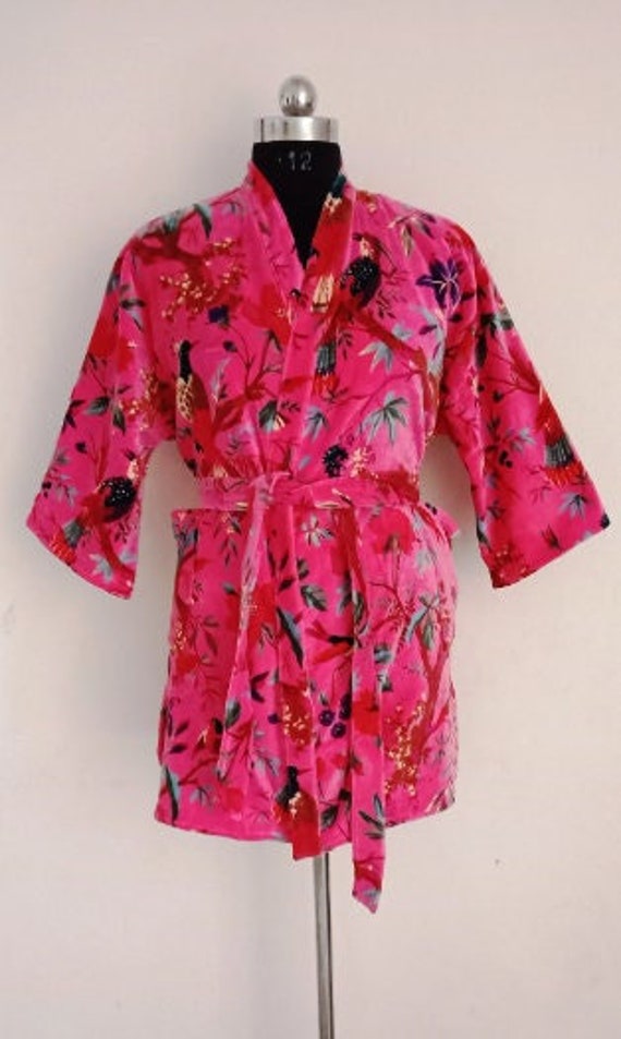 Pink Bird Print Samt Long Kimono, Beach Wear Kleid, Geschenk Für Sie, Handgemachte Cover Up Bade Roben von sisterscrew