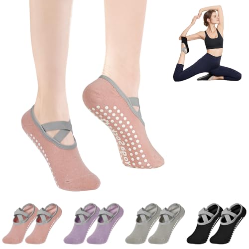 4 Paar Pilates Socken Rutschfest, Yoga Socken Rutschfest mit Noppen, Antirutschsocken Damen Pilates Atmungsaktiv Stoppersocken, Kurze Tanzsocken mit Grip für Ballett Fitness (Schwarz Grau Rosa Lila) von sitarcmin