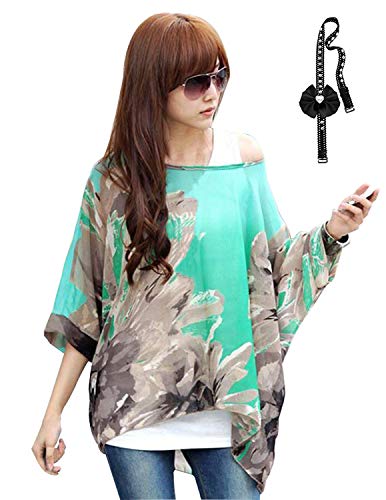 sitengle Damen Sommer B?hmische FL¨¹Gel ?rmel Chiffon Bluse Kurzarm Strand Beil?ufige Shirt Bat Sleeve Lose Hemd T Shirt Tops (One Size, Grünes Gras) von sitengle