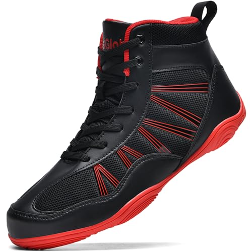 situkeke BoxenSchuhe Herren High Top Ringerschuhe rutschfeste Kampfsportschuhe Atmungsaktiv Professionelle Training Boxen Stiefel Unisex Schwarz Rot 42 EU von situkeke