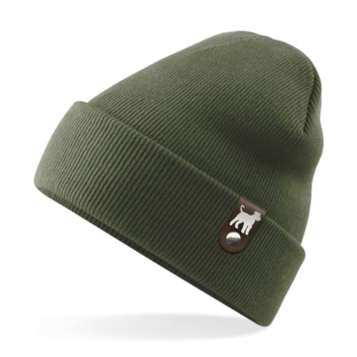 siviwonder Airedale Terrier Mütze Patch Leder Gassi Beanie Strickmütze Warm Herren Damen Hundemotiv Farbe Olive von siviwonder