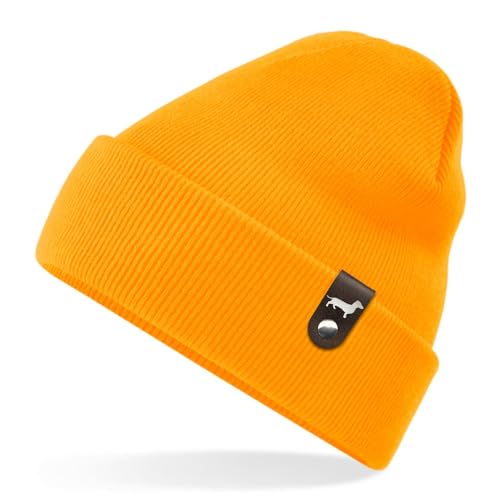 siviwonder Dackel Mütze mit Patch Teckel Gassi Beanie Strickmütze Witzig Spruch Warm Herren Damen Herbst Hund Farbe Neonorange von siviwonder