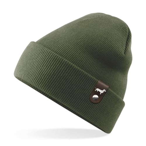siviwonder Dackel Mütze mit Patch Teckel Gassi Beanie Strickmütze Witzig Spruch Warm Herren Damen Herbst Hund Farbe Olive von siviwonder