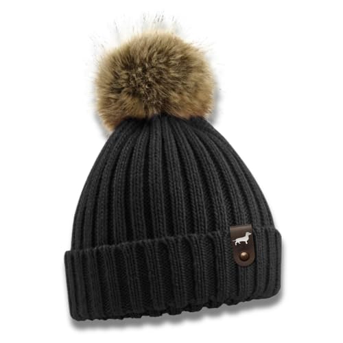 siviwonder Dackel Teckel Mütze Pompom Hunde Patch Gassi Beanie Strickmütze Witzig Spruch Warm Dachshund Farbe Black von siviwonder