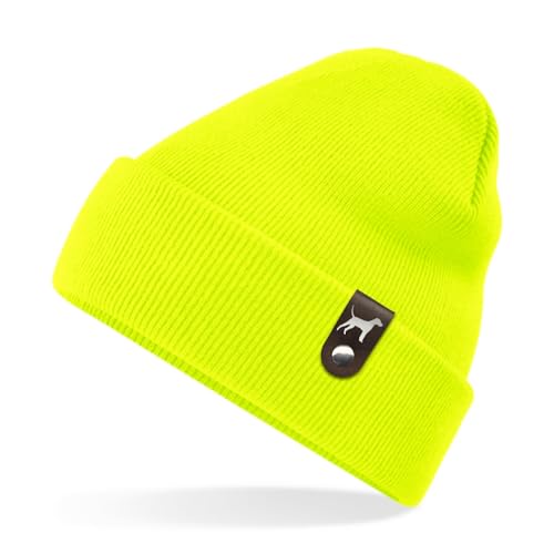 siviwonder Deutscher Pinscher Mütze Patch Leder Gassi Beanie Strickmütze Warm Herren Damen Hund Pin Farbe Neongelb von siviwonder