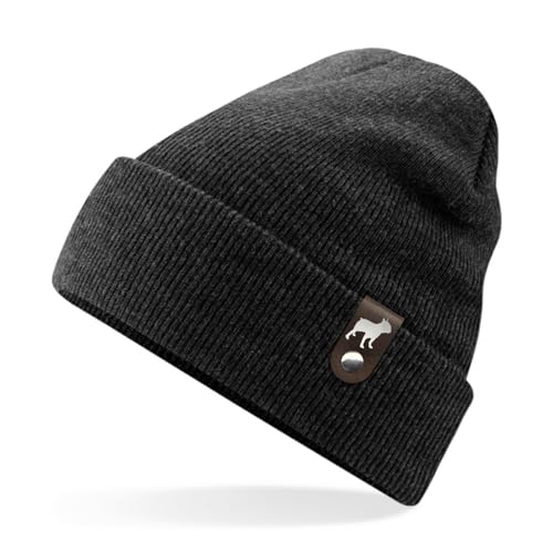 siviwonder French Bulldog Bulldogge Mütze Patch Leder Gassi Beanie Strickmütze Warm Herren Damen Frenchie Bully Farbe Charcoal von siviwonder