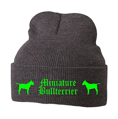 siviwonder Strickmütze Bad - Miniature Bullterrier Bull Terrier britische Hunderasse MINI - Stickerei ALTDEUTSCH Hund Winter Mütze Wintermütze Beanie Mütze Grey Melange-neongrün von siviwonder