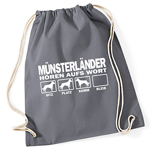 siviwonder Turnbeutel - MÜNSTERLÄNDER großer kleiner Jagd Jagdhund Jäger - HÖREN AUFS WORT Baumwoll Tasche Beutel grau von siviwonder