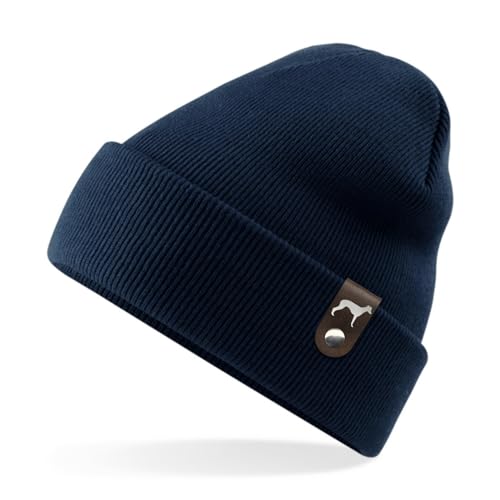 siviwonder Whippet Windhund Mütze Patch edel Leder Gassi Beanie Strickmütze Warm Herren Damen Farbe Navy von siviwonder