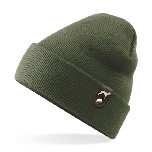 siviwonder Whippet Windhund Mütze Patch edel Leder Gassi Beanie Strickmütze Warm Herren Damen Farbe Olive von siviwonder