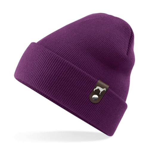 siviwonder Whippet Windhund Mütze Patch edel Leder Gassi Beanie Strickmütze Warm Herren Damen Farbe Plum von siviwonder
