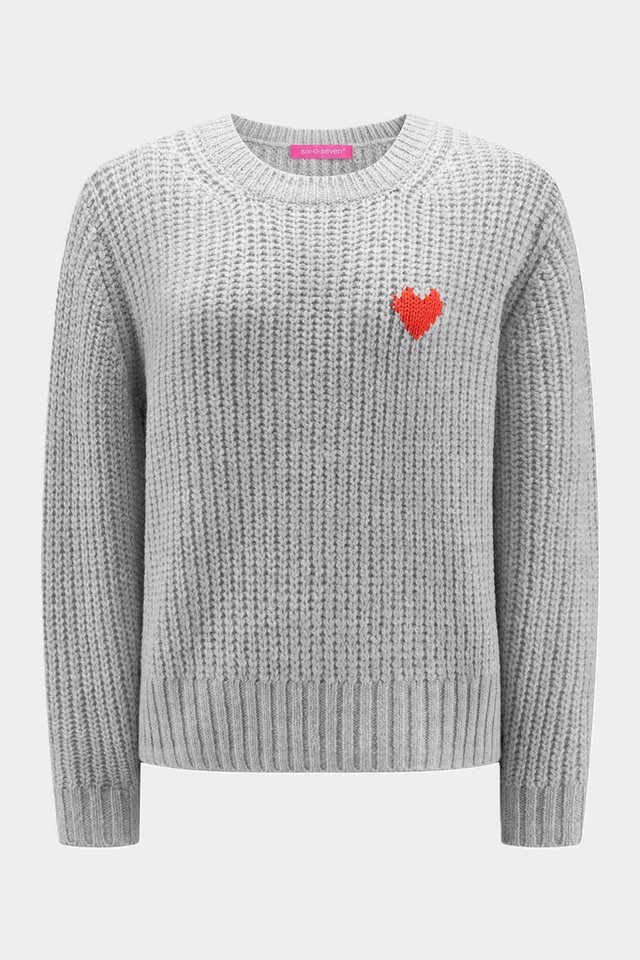 six-o-seven Strickpullover Six-o-Seven Grobstrick-Pullover mit Herzmotiv LIGHT GREY von six-o-seven