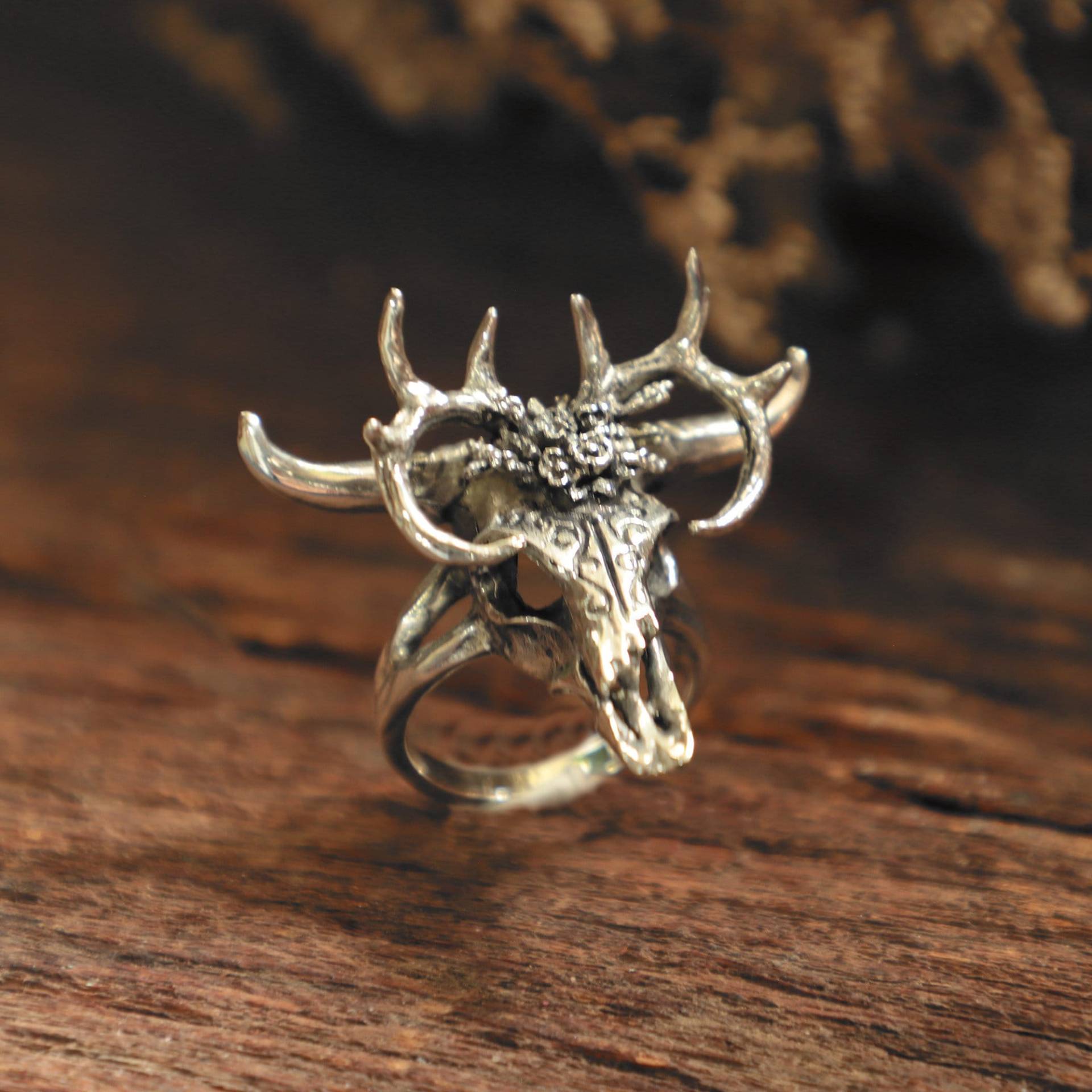 Büffel Totenkopf Blumen Ring Für Frauen Aus Sterling Silber 925 Boho Style von sixga