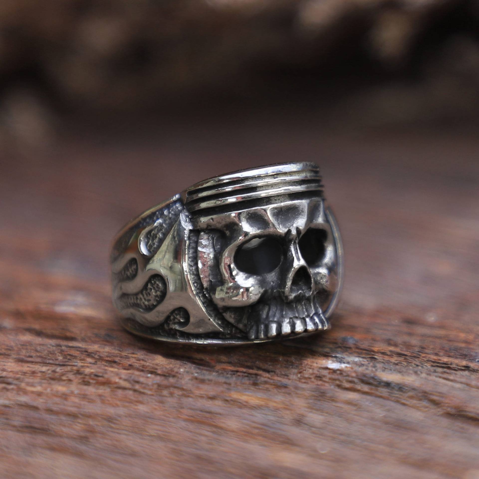 Totenkopf Feuer Kolbenkopf Ring Für Männer Aus Sterling Silber 925 Biker Style von sixga