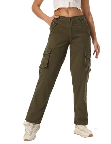 siyecaoo Cargohose Damen Y2K Hosen Elastische Taille Multi Taschen Leichte Hose mit weitem Bein Baumwolle Wanderhose Jogginghose Freizeithose Army Green 12-Tag 42 von siyecaoo