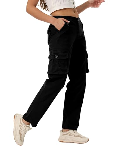 siyecaoo Cargohose Damen Y2K Hosen Elastische Taille Multi Taschen Leichte Hose mit weitem Bein Baumwolle Wanderhose Jogginghose Freizeithose Black 10-Tag 40 von siyecaoo