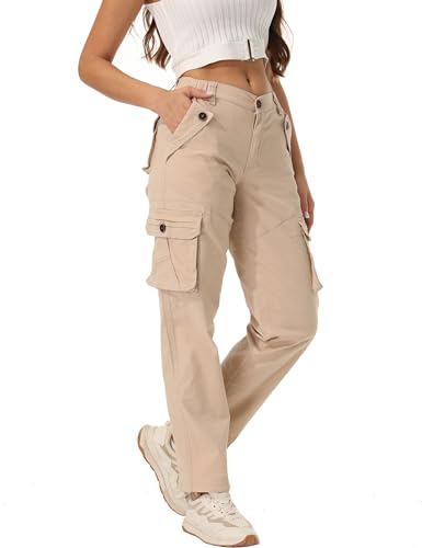 siyecaoo Cargohose Damen Y2K Hosen Elastische Taille Multi Taschen Leichte Hose mit weitem Bein Baumwolle Wanderhose Jogginghose Freizeithose Khaki 2-Tag 32 von siyecaoo