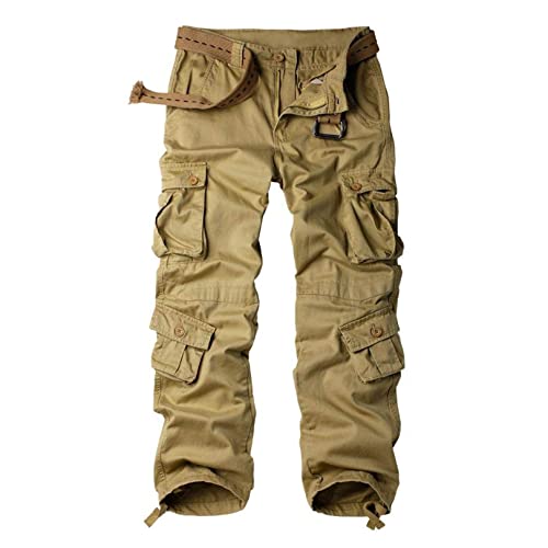 siyecaoo Herren Hosen Cargo Hose Multi Taschen Wanderhose Atmungsaktiv Outdoorhose Combat Tactical Hose Arbeitshose Reißverschluss Armee Militär Relaxed-Fit Trekkinghose Khaki 29 von siyecaoo