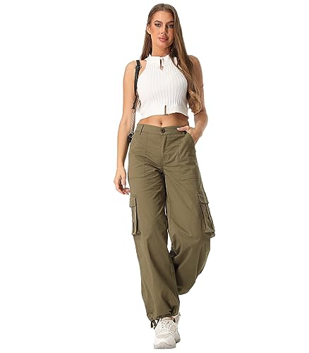 siyecaoo Hosen Damen Y2K Cargohose Leichte High Waist Hose mit weitem Bein Multi Taschen Baumwolle Wanderhose Jogginghose Freizeithose Army Green 6-Tag 36 von siyecaoo