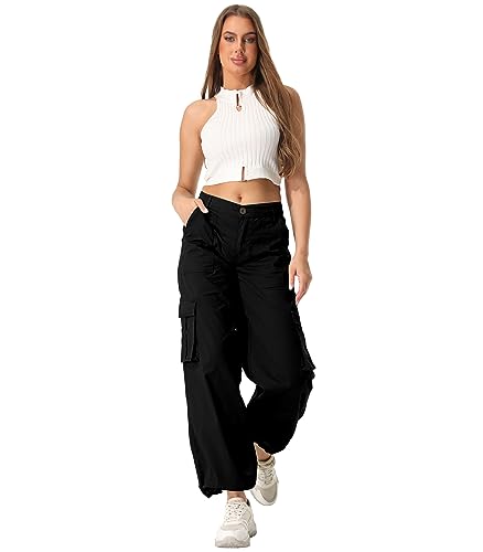 siyecaoo Hosen Damen Y2K Cargohose Leichte High Waist Hose mit weitem Bein Multi Taschen Baumwolle Wanderhose Jogginghose Freizeithose Black 10-Tag 40 von siyecaoo