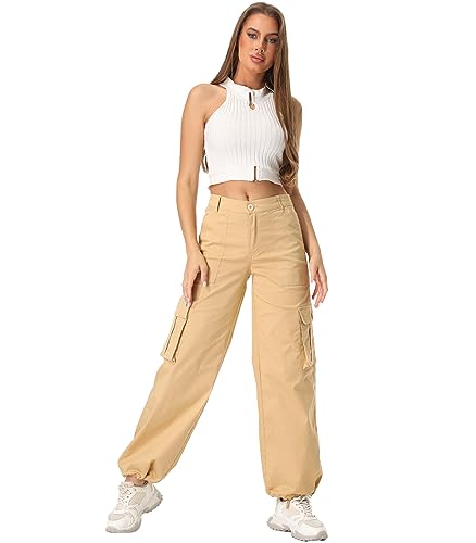 siyecaoo Hosen Damen Y2K Cargohose Leichte High Waist Hose mit weitem Bein Multi Taschen Baumwolle Wanderhose Jogginghose Freizeithose Khaki 16-Tag 46 von siyecaoo