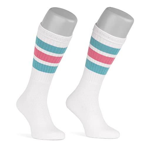 skatersocks 19 Inch gestreifte Socken Damen Kniestrümpfe Old School Tube Socks white - aqua-bubblegum pink gestreift, Einheitsgröße, (SE-19-059) von skatersocks