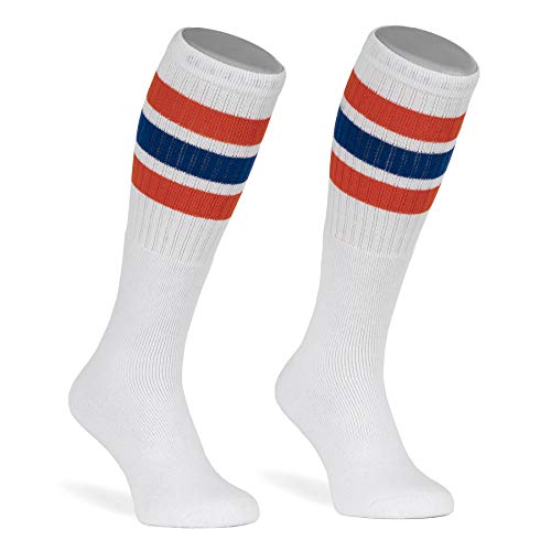 skatersocks 22 Inch kniehohe gestreifte Damen Socken Kniestrümpfe knee high overknee Herren Retro Tube Socks weiss - orange/royal blau gestreift - UNISEX - OSFA von skatersocks