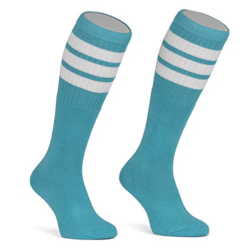 skatersocks 22 Inch kniehohe gestreifte Damen Socken Kniestrümpfe knee high overknee Herren Retro Tube Socks auqa - weiss gestreift - UNISEX - OSFA von skatersocks