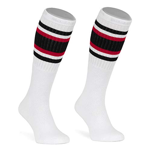 skatersocks 22 Inch kniehohe gestreifte Damen Socken Kniestrümpfe knee high overknee Herren Retro Tube Socks weiss - schwarz/rot gestreift - UNISEX - OSFA von skatersocks