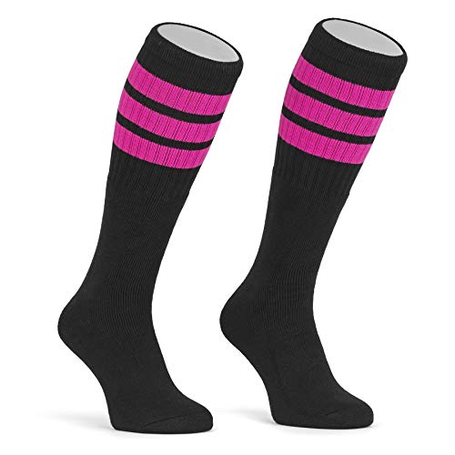 skatersocks 22 Inch kniehohe gestreifte Damen Socken Kniestrümpfe knee high overknee Old School Retro Tube Socks schwarz - hot pink gestreift von skatersocks